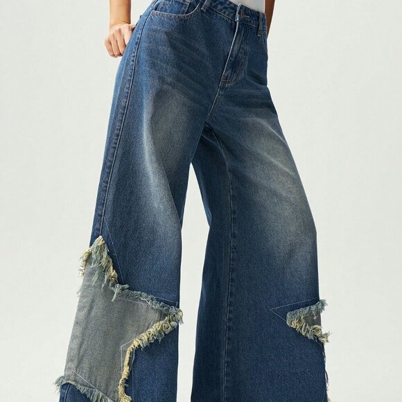 Medium Wash Casual Women's Boho Wide-Leg Jeans - Picture 1 of 7